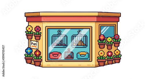 A colorful pixel art illustration of a pet store storefront with a window display of cages and beds, surrounded by vibrant potted flowers.