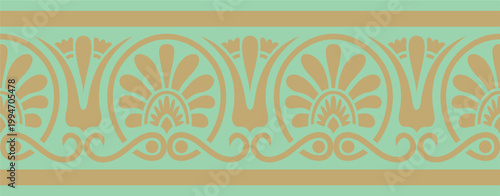 Vector gold and green classic seamless european national ornament. Ethnic pattern of the Romanesque peoples. Border, frame of ancient greece, roman empire.
