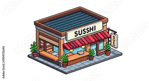 This isometric pixel art vector showcases a charming sushi shop with a red-striped awning, potted plants, and clear signage on a white background.