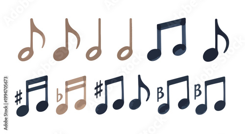 Watercolor-style musical notes and symbols in brown and dark blue, depicting various rhythmic values and accidentals.