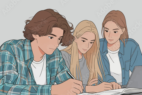 Students Studying Together at Table with Laptop