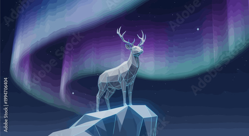 Low-poly geometric deer standing on an icy peak under a vibrant aurora borealis in a mystical night landscape.