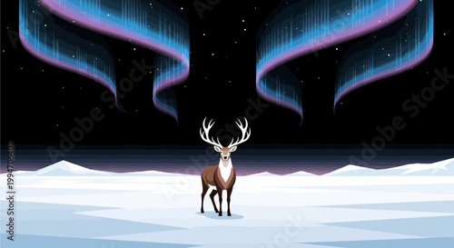 A majestic stag stands on a vast snowy plain under a vibrant aurora borealis and starry night sky in a serene arctic winter landscape.