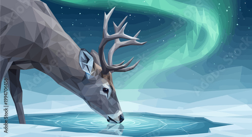 Low poly deer drinking from a frozen pond under the vibrant Northern Lights in a serene winter landscape.