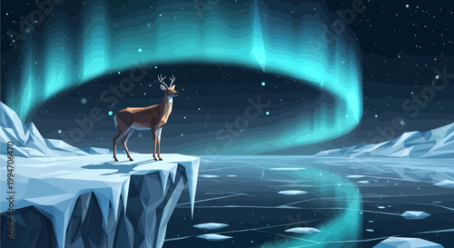 A majestic deer stands on an icy cliff overlooking a frozen landscape under a spectacular aurora borealis in the night sky.