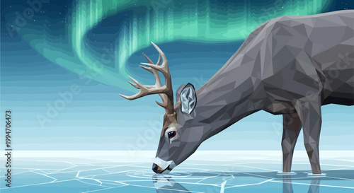 Low poly deer drinking from an icy surface under a vibrant aurora borealis sky.