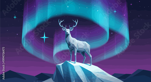 A majestic low-poly deer stands on a snowy peak under a vibrant, swirling aurora borealis in a stylized night landscape.