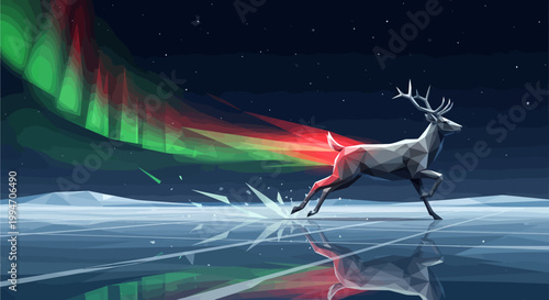 A stylized deer runs across a reflective frozen lake under a vibrant aurora borealis sky with green and red northern lights.