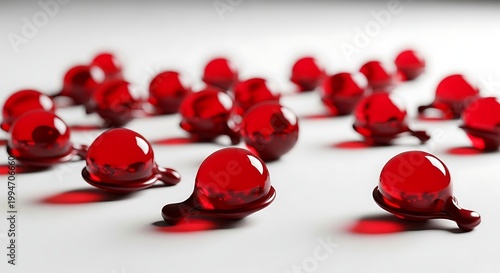 Red Gel Capsules Scattered on a White Surface.
