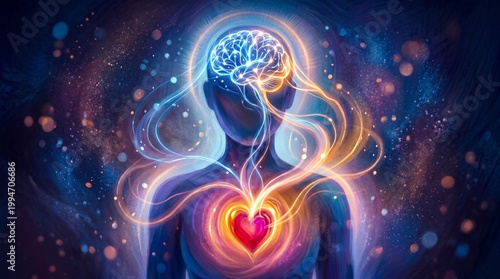 A vibrant illustration showing the connection between brain and heart energy in a glowing human figure surrounded by swirling light and cosmic particles.