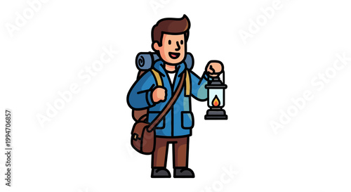Foto Vector illustration of a cartoon traveler hiker character with a backpack and lantern