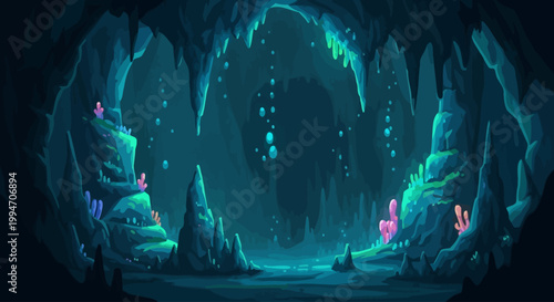 Foto Enchanting underwater cave with bioluminescent flora and glowing water droplets