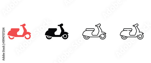 Scooter icons with motor vehicle concept, silhouette and line art vector design for urban transport, mobility services, and modern travel applications