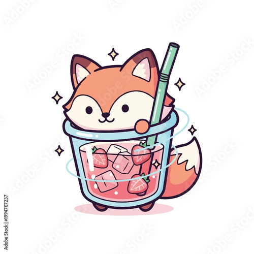 Cute cartoon fox enjoying a refreshing strawberry drink.
