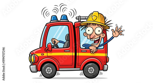Funny cartoon firefighter driving a red fire engine and waving his hand
