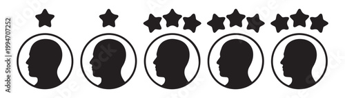 Rating system using black star icons and user profile silhouettes in a row on transparent background.