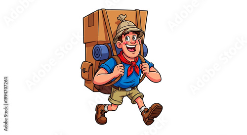 Billede på lærred Cheerful cartoon hiker carrying a heavy backpack for a travel adventure