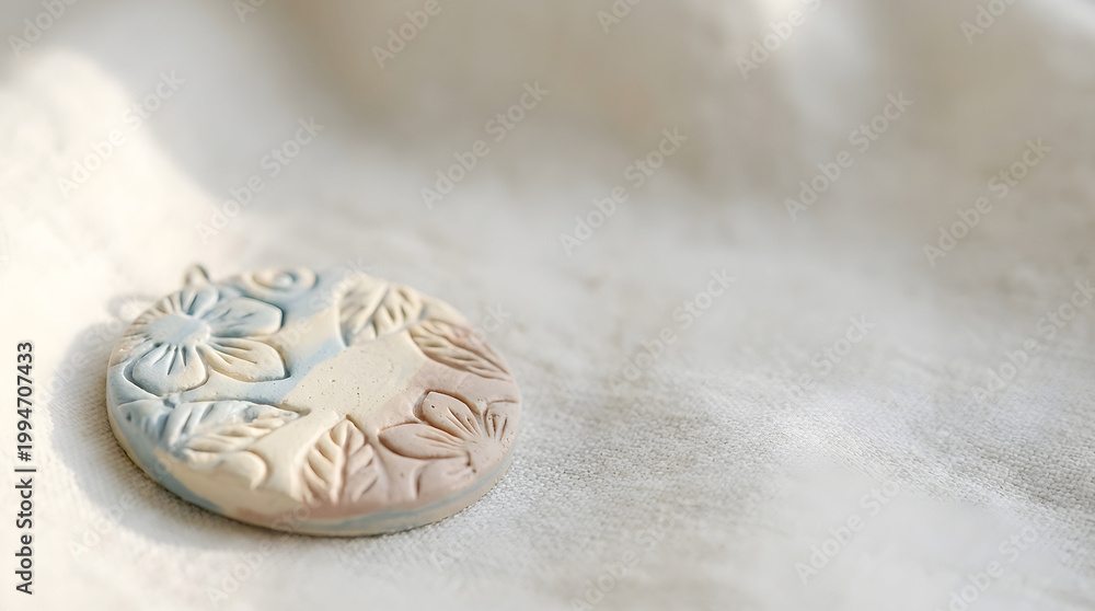 Obraz premium Handmade ceramic jewelry piece with botanical rose engraving and copy space