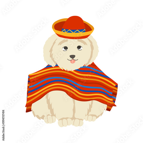 Cute fluffy dog in sombrero wearing striped poncho sitting. Vibrant Mexican cartoon character illustration. Vector hand drawn art for fiesta posters, greeting cards, stickers and festive designs