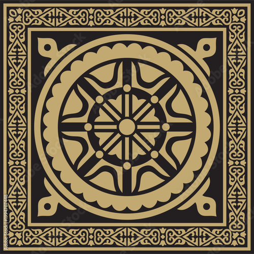 Kazakh national square gold and black ornament frame. Ethnic pattern. Rectangle reflecting nomadic culture. Suitable for design and textiles.