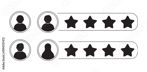 User avatars with star rating system displayed in a row on transparent background for reviews.