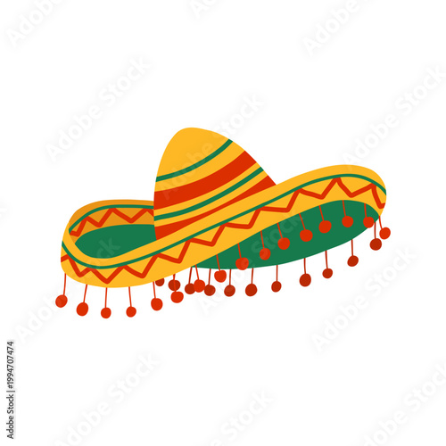 Traditional sombrero hat with decorative ornament pattern. Colorful Mexican cartoon illustration. Vector hand drawn art for fiesta posters, invitations, stickers and festive designs