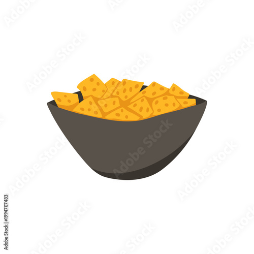 Bowl of crispy nachos chips snack. Bright Mexican food cartoon illustration. Vector hand drawn art for menu design, party posters, stickers and festive graphics