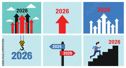 New year 2026 business growth concept set featuring upward arrows financial success stairs career progress and creative direction signs for future planning and development 