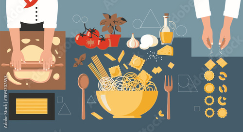 Two chefs preparing a meal with various ingredients on a kitchen counter