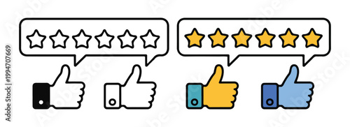 Color and outline icons of thumbs up gesture and speech bubble with stars for feedback and rating.