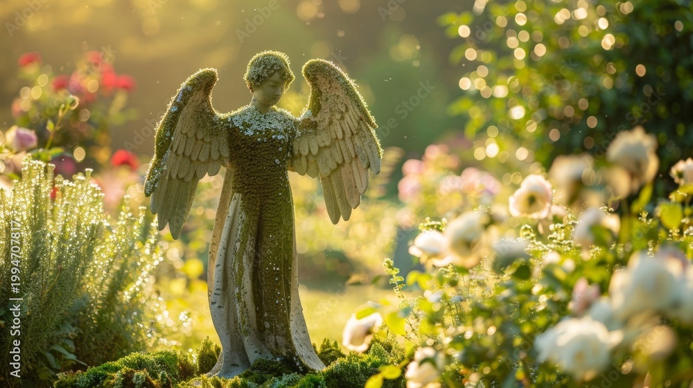 Fototapeta premium Stone angel statue stands in lush garden. Sunlight glows softly through blooming flowers. Peaceful and serene atmosphere surrounds the angel. Ideal for themes of peace, protection, or garden design