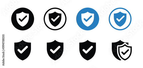 Security shield icons with check mark symbols, protection and safety verification concept flat vector design for cybersecurity, data protection, and authentication systems