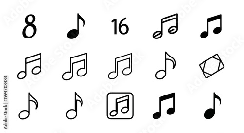 A collection of various music notes and symbols on a white background