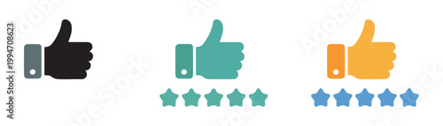 Three thumbs up icons in black teal and orange with matching star ratings below.