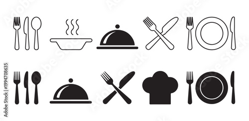 Set of restaurant icons cutlery plates bowls chef hats and serving domes in line styles.