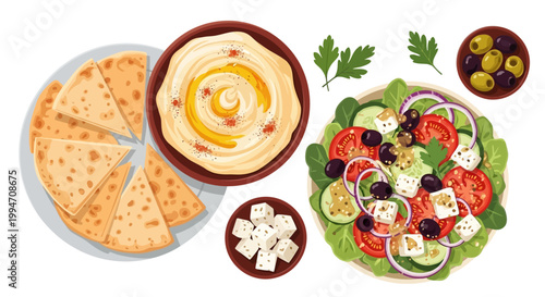 A vibrant Greek meal spread featuring hummus, pita, feta cheese, olives, and salad on a table.
