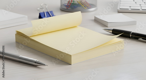 Office supplies on a desk.