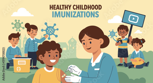 Nurse administers childhood immunizations to young boy in a park with children