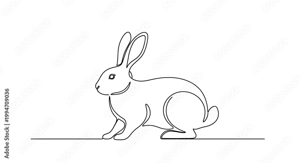 Obraz premium Minimalist continuous line drawing of a sitting rabbit facing left.