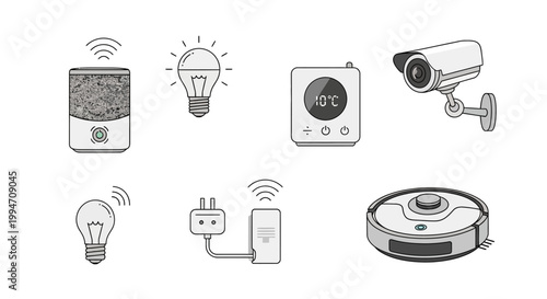 Smart home devices including a security camera, thermostat, air purifier, and vacuum cleaner are controlled remotely.
