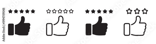 Collection of thumbs up rating icons with five and three star variants in line and solid black style designs.