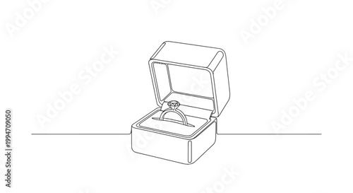 Minimalist line drawing of an open ring box with an engagement ring inside.
