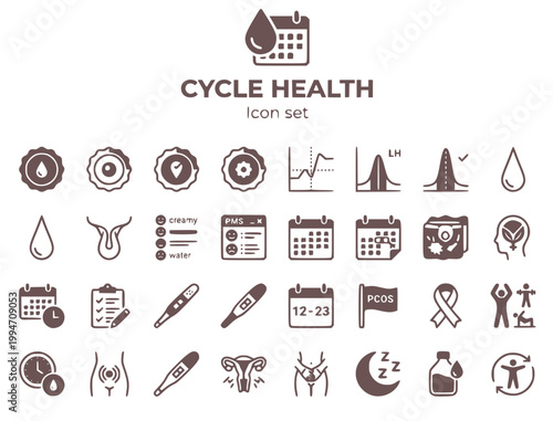 Menstrual Health & Cycle Tracking Icon Set: FemTech & Hormonal Wellness Vector
