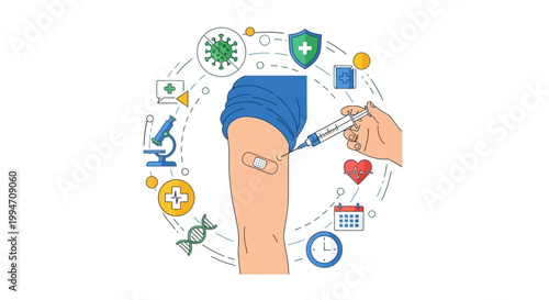 A person gets vaccinated with a syringe in a medical setting with various health icons around them.