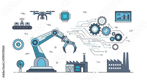 A robotic arm operates in an industrial setting with gears and a drone.