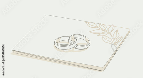 Minimalist wedding invitation card with intertwined rings and botanical design.