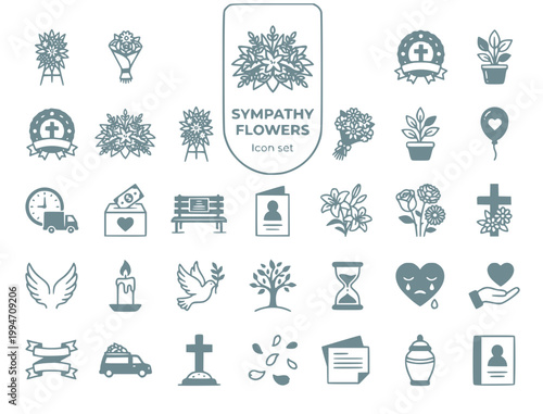 Funeral Flowers & Sympathy Gifting Icon Set: Memorial & Condolence Vector