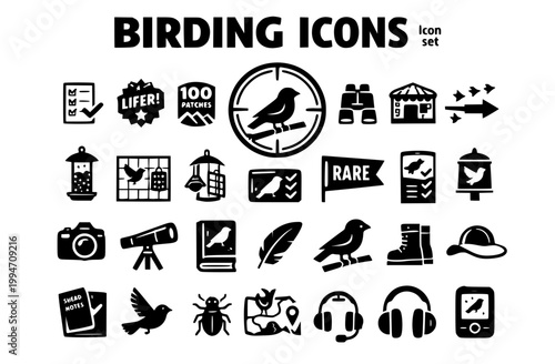 Birdwatching Ornithology Icon Set Life List Tick Lifer Badge Patch Count Binocular Relief Hide Blind Sonogram Wave Migration Arrow Feeder Type Rarity Flag eBird Checklist Vector