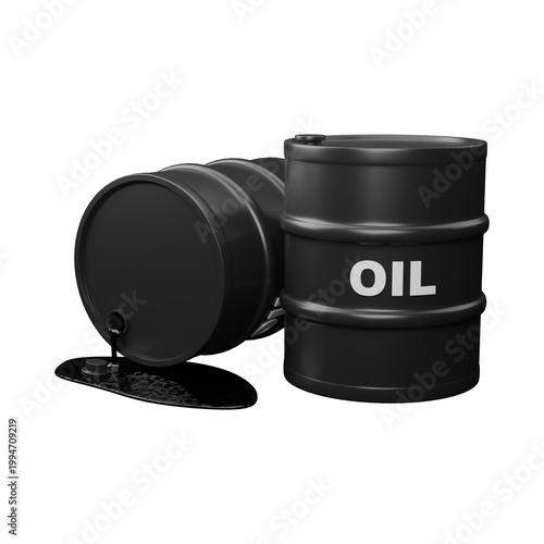 Black oil barrels with liquid spill on transparent background