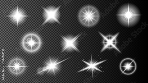 Glowing Starburst Flare Collection with Radiant Light Effects and Optical Spark Elements Isolated on Transparent Background